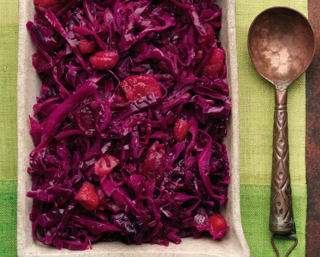 Christmas red cabbage shown cooked in a rectangular serving dish