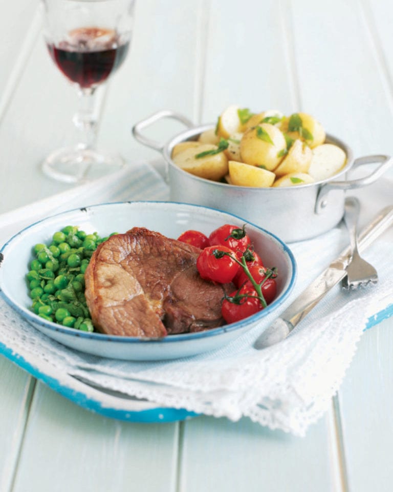 Lamb steaks with honey and minted peas