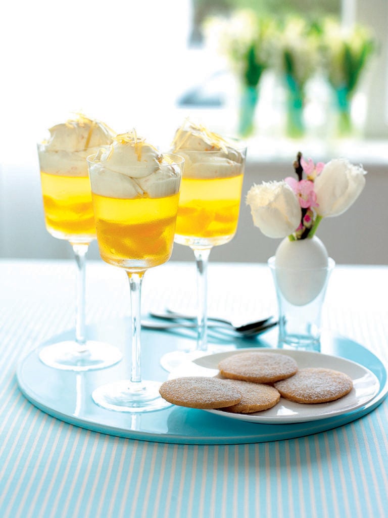 Orange-scented wine jellies with ginger syllabub cream