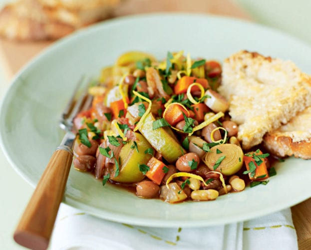 Garlicky vegetable, bean and herb pot with parmesan toasts