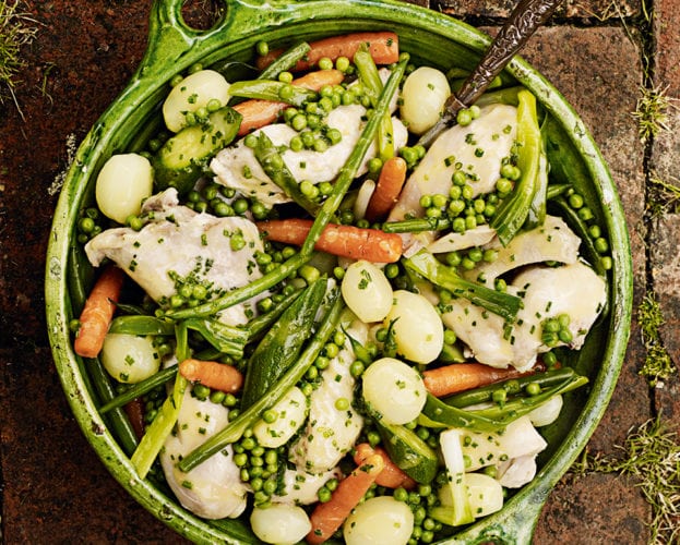 Poached chicken with summer vegetables