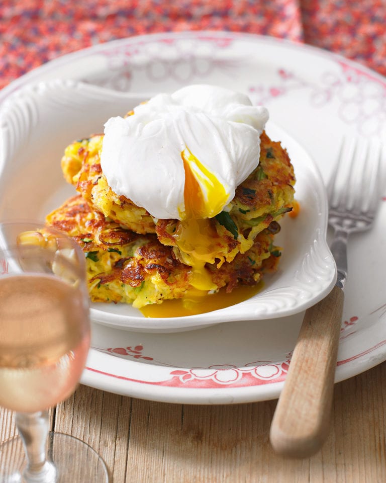 Vegetable fritters with poached eggs