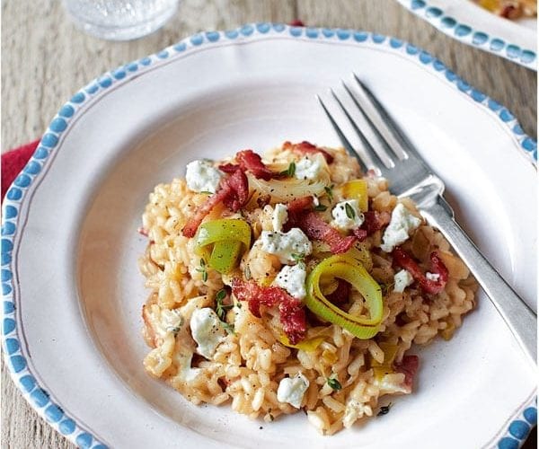 Leek, goat’s cheese and crispy bacon risotto