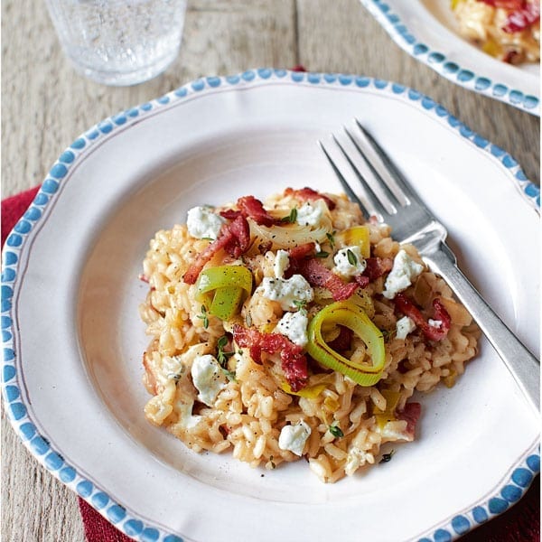 Leek, goat’s cheese and crispy bacon risotto