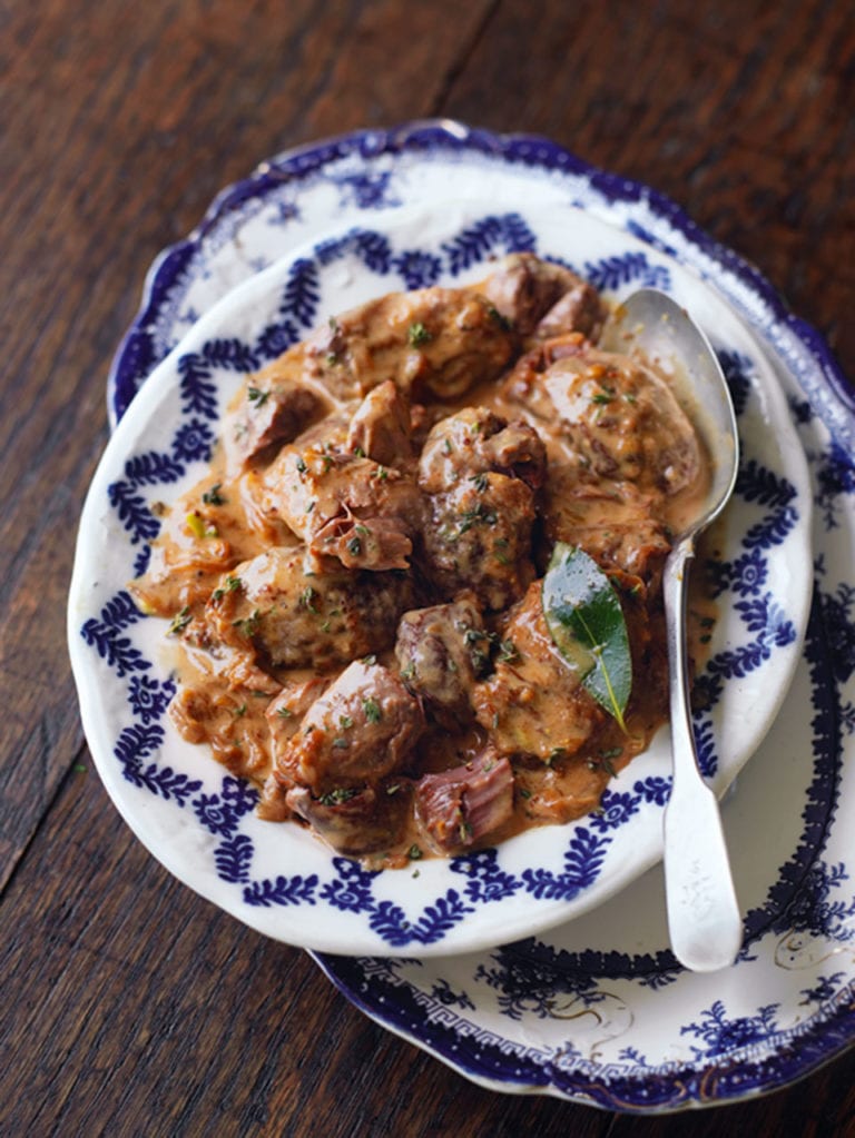 Braised pig’s cheeks with caramelised leeks