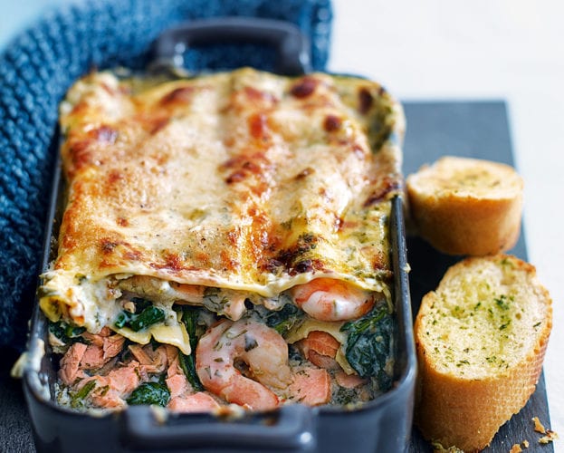 Quick prawn, spinach and salmon lasagne