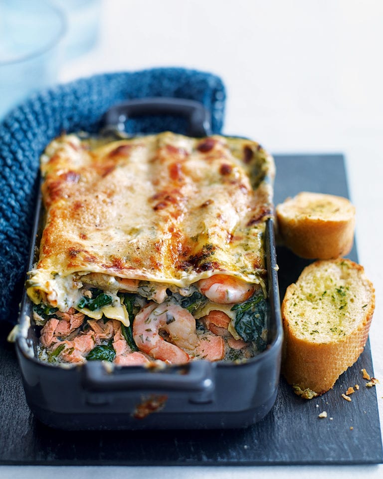 Quick prawn, spinach and salmon lasagne