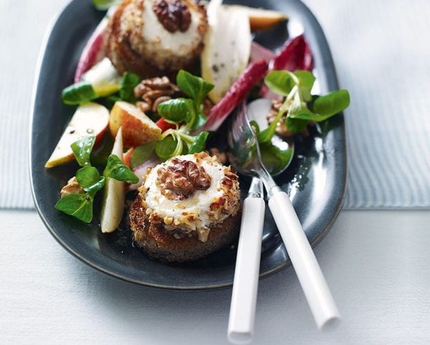 Quick, warm goat’s cheese, walnut and pear salad