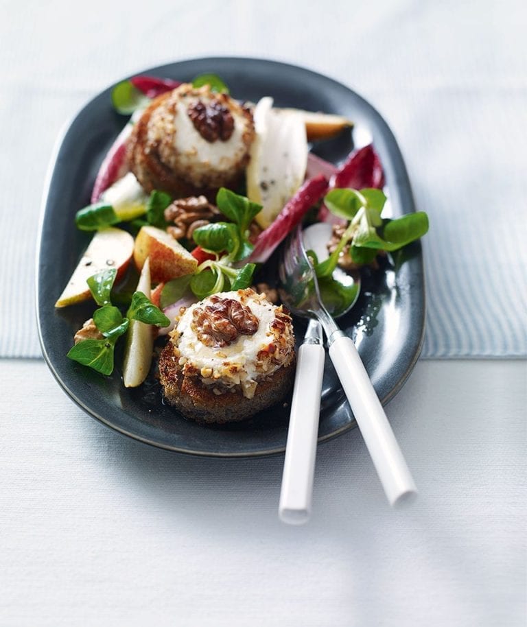 Quick, warm goat’s cheese, walnut and pear salad