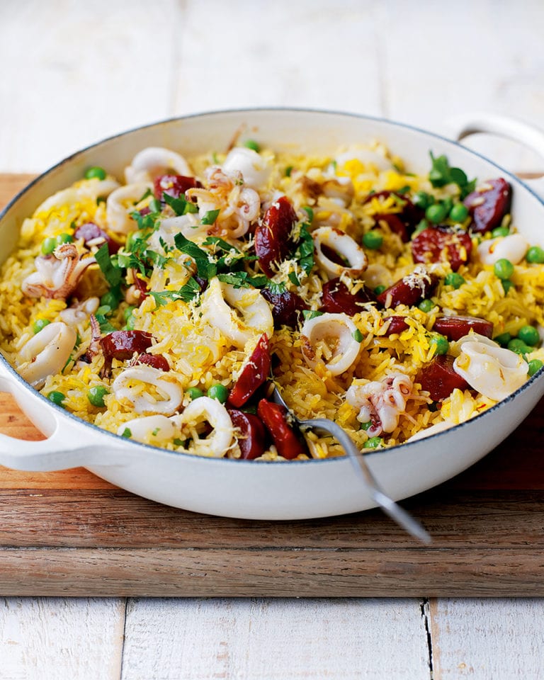 Cheat’s squid and chorizo paella