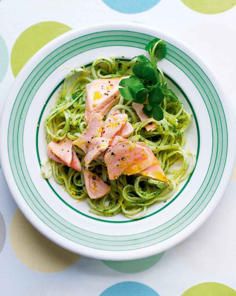 Salmon and watercress linguine