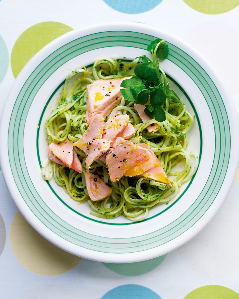 Salmon and watercress linguine recipe delicious. magazine