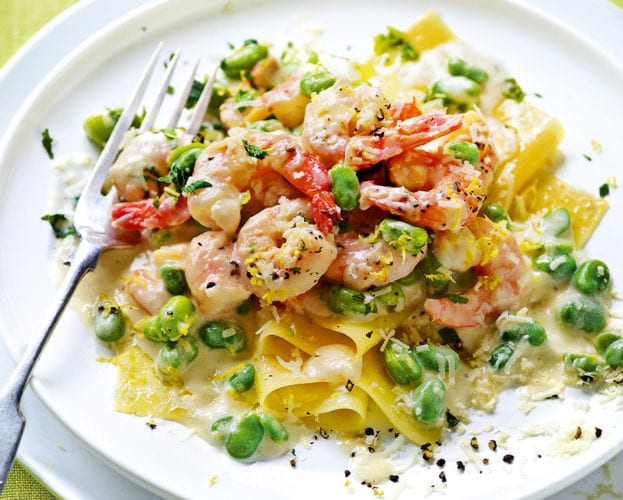 Prawn and broad bean open lasagne