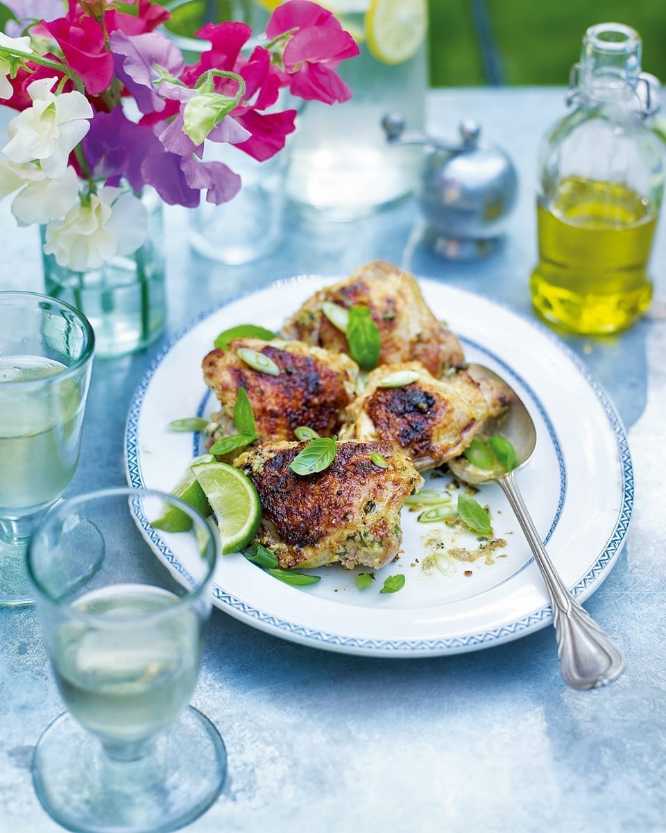 Barbecued chicken with yogurt, lime, coriander and almonds recipe