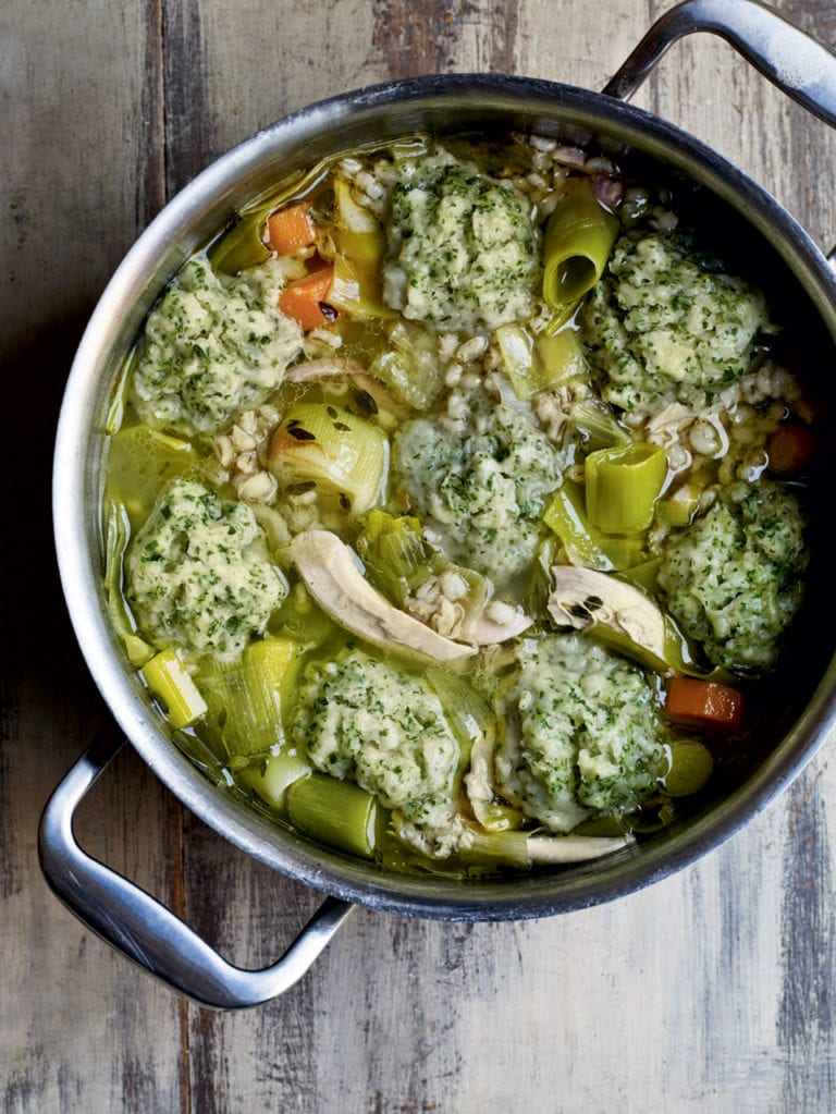 Chicken, leek and pearl barley stew with parsley dumplings