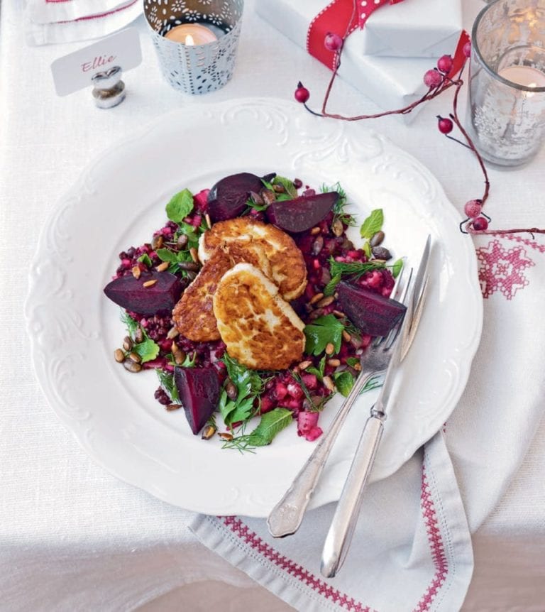 Herbed lentil and beetroot ‘couscous’ with halloumi