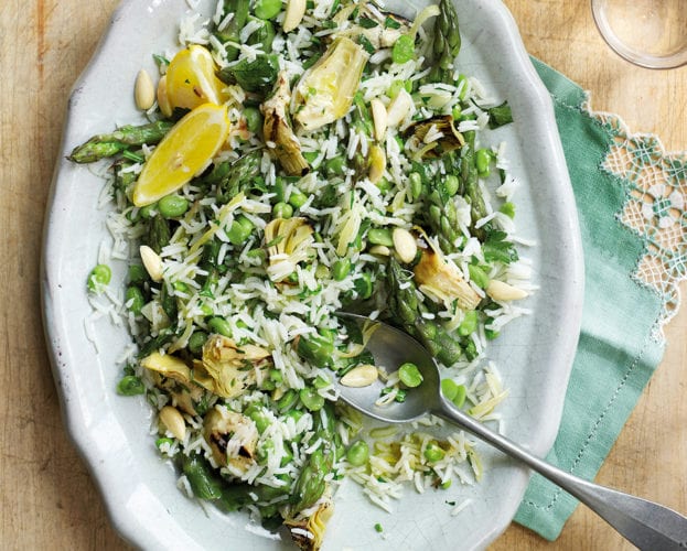 Artichoke, asparagus, broad bean and almond pilaf