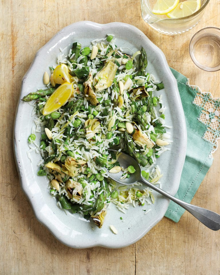 Artichoke, asparagus, broad bean and almond pilaf