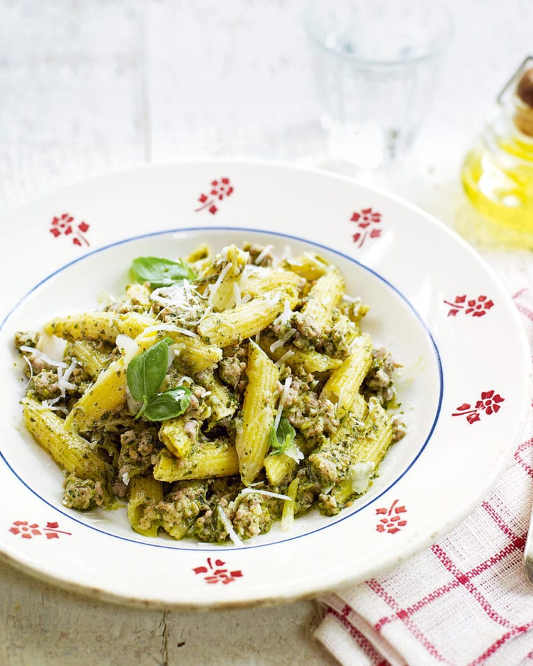 Creamy sausage pasta with watercress and chestnut pesto