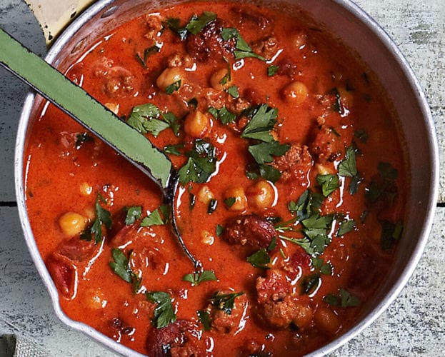 Chorizo, sausage, fennel and chickpea soup
