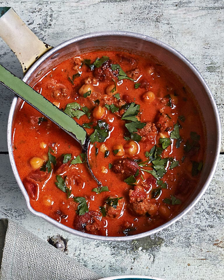 Chorizo, sausage, fennel and chickpea soup