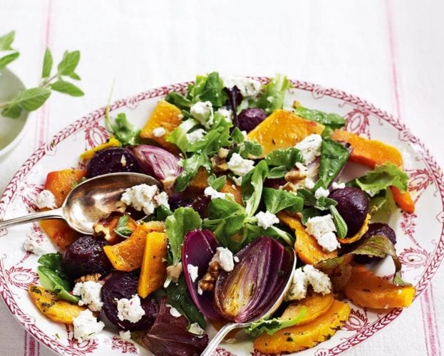 Warm salad of roast squash, kale and goat’s cheese with lentils