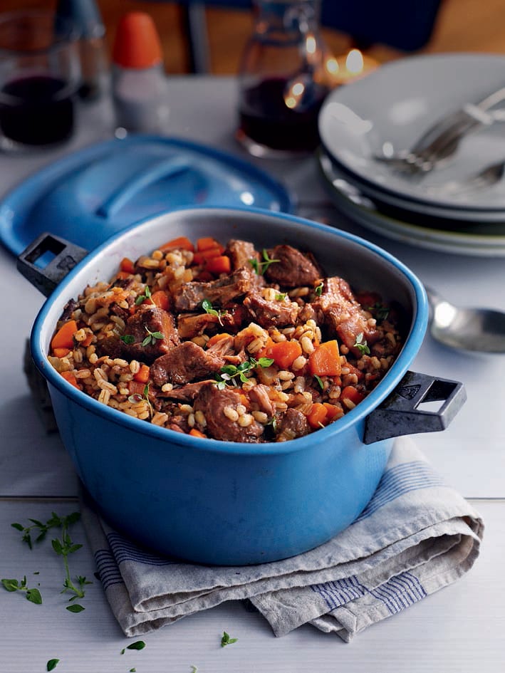 Pork shoulder and pearl barley stew