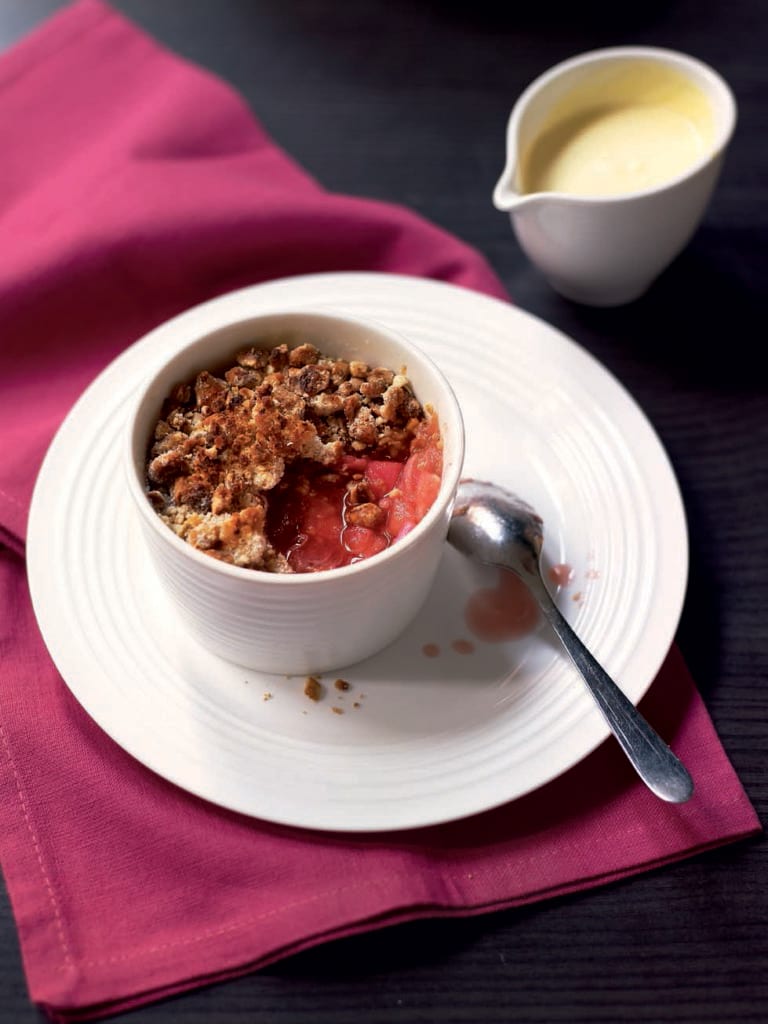 Rhubarb and caramelised hazelnut crumbles recipe delicious. magazine