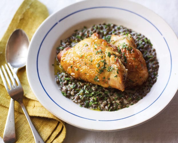 Crispy chicken with mustard and cream lentils