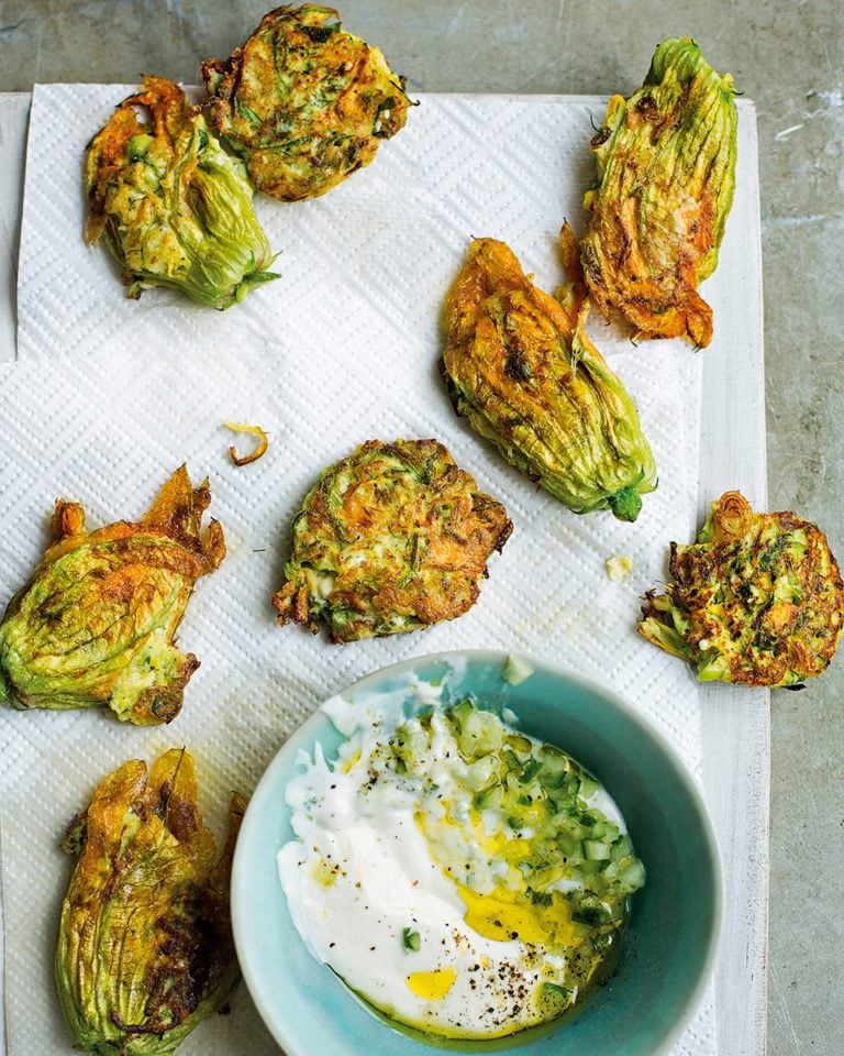 Courgette and feta fritters with yogurt