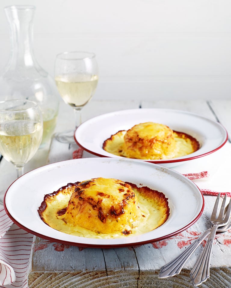 Twice-baked soufflés with Gruyère and cheddar