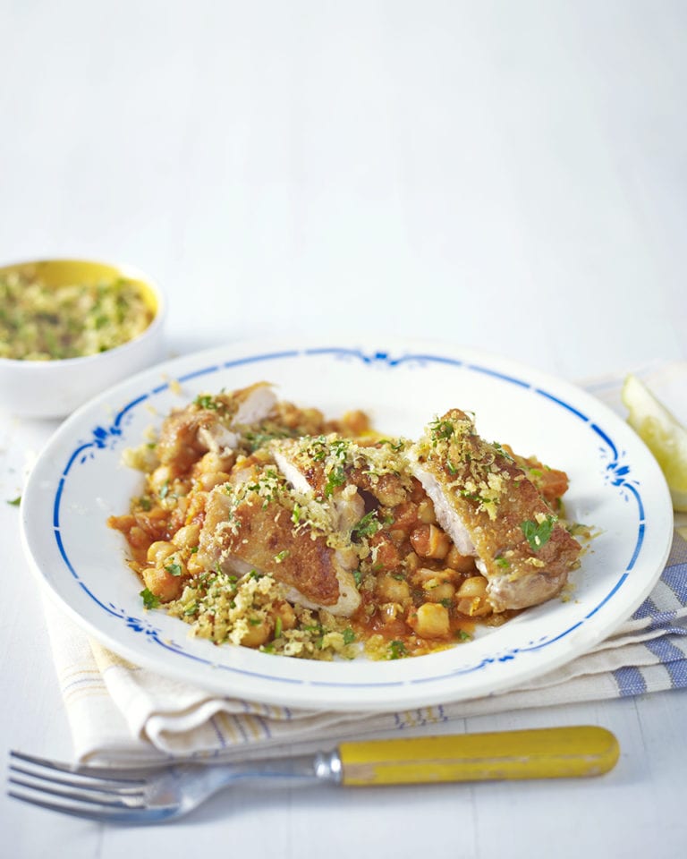 Chicken and chickpeas with zesty breadcrumbs