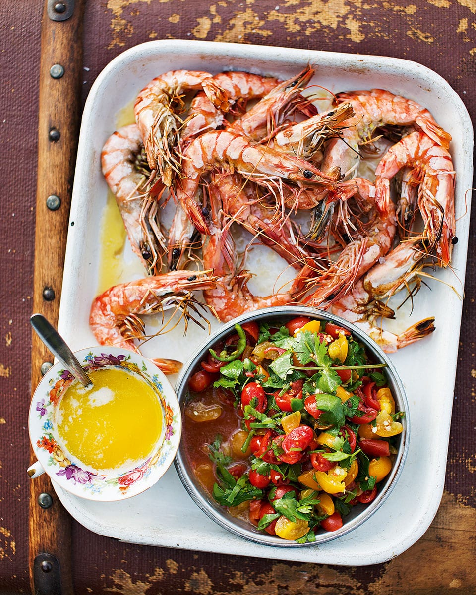 Griddled prawns with garlic butter and salsa recipe | delicious. magazine