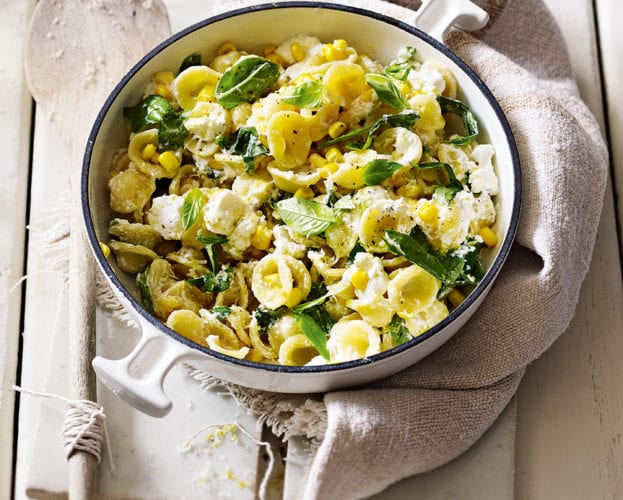 Pasta with sweetcorn, ricotta and basil