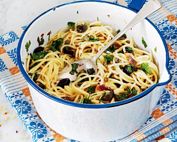 chunky tapenade spaghetti