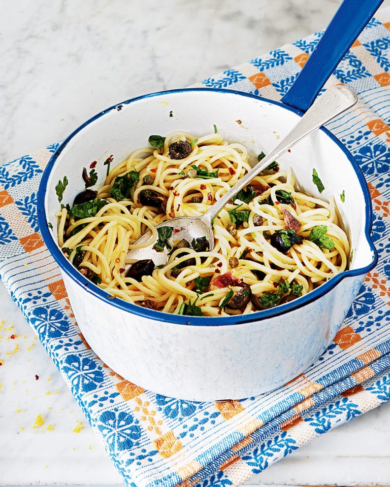 Spaghetti with chunky tapenade