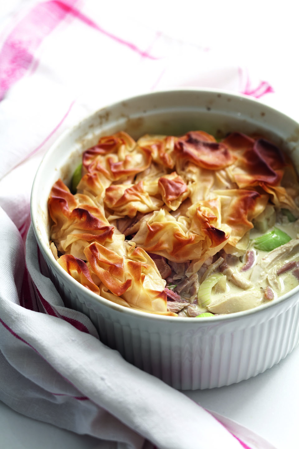 Chicken, ham and leek filo pie