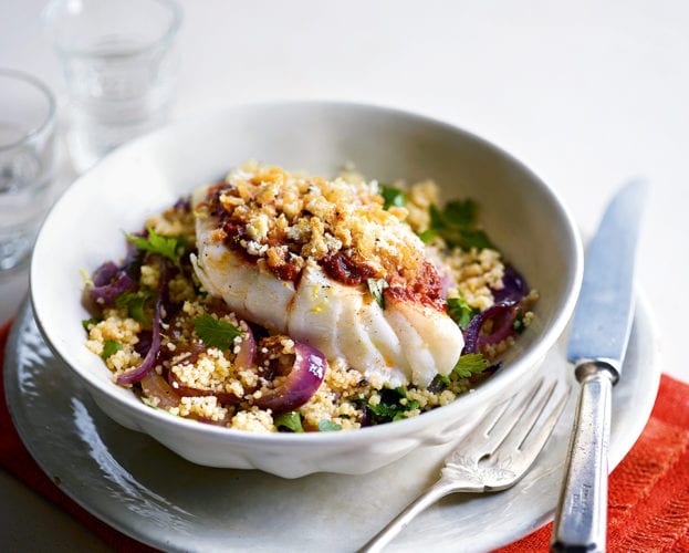 Breaded harissa cod with lemon and red onion couscous