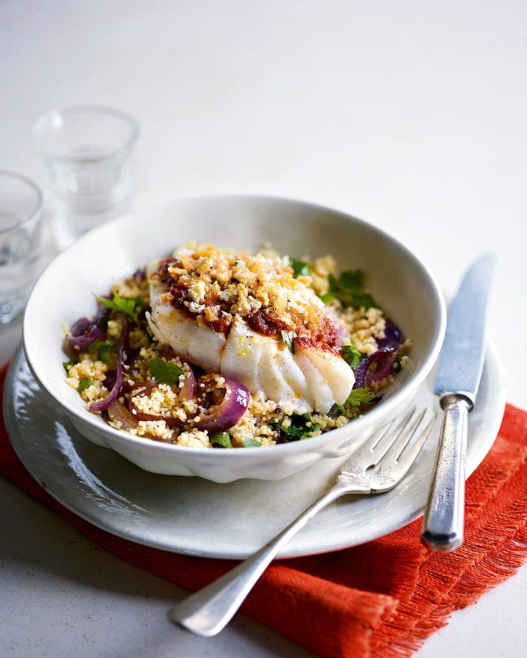 Breaded harissa cod with lemon and red onion couscous
