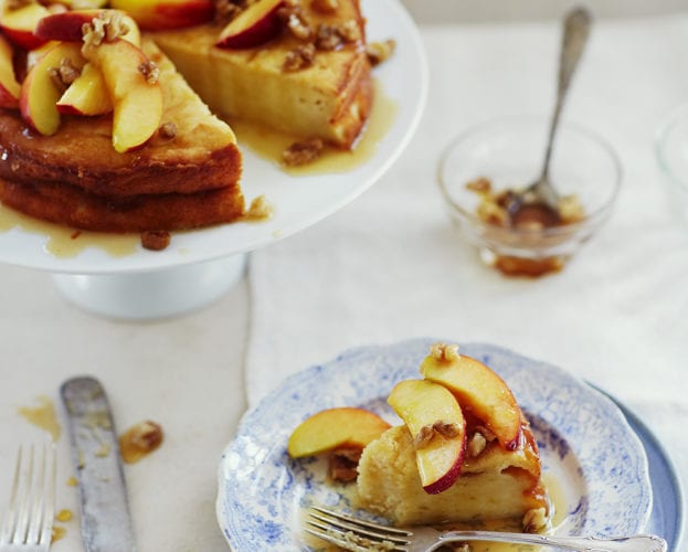 Ricotta torte with nectarines, honey and walnut drizzle