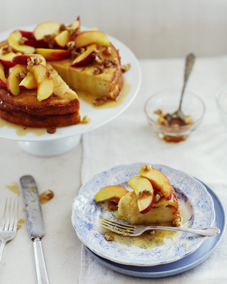 Ricotta torte with nectarines, honey and walnut drizzle