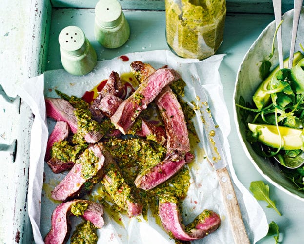 Charred spicy pepper pesto with steak and green salad