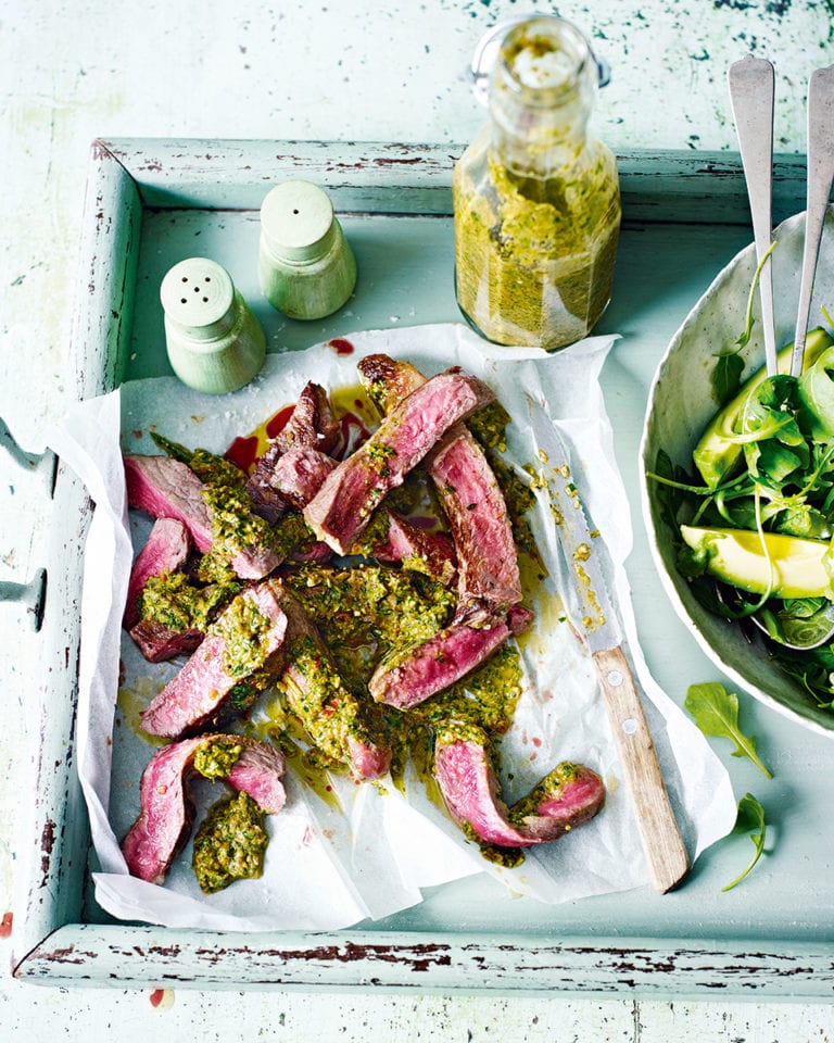 Charred spicy pepper pesto with steak and green salad