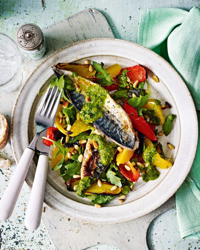 Grilled mackerel with orange and basil-dressed pepper salad