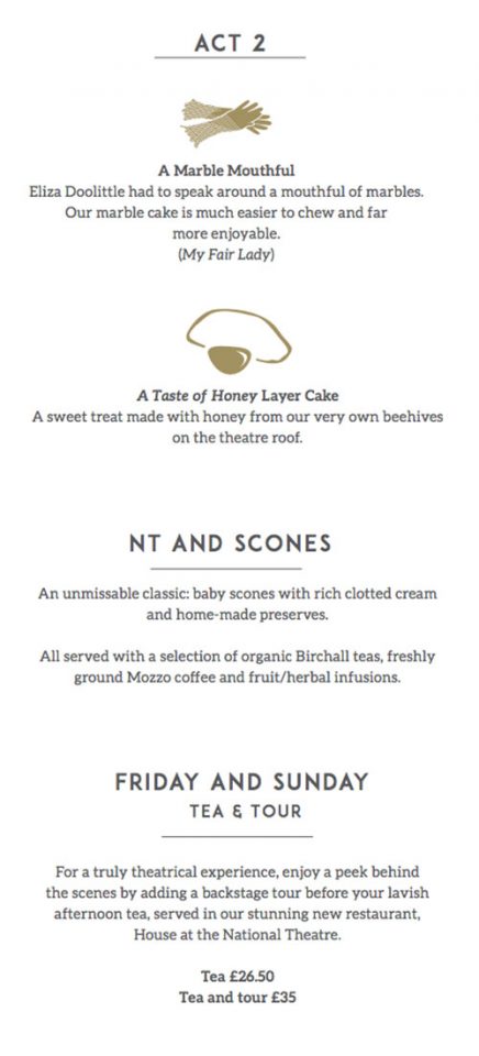 National Theatre House tea menu National Theatre House tea menu