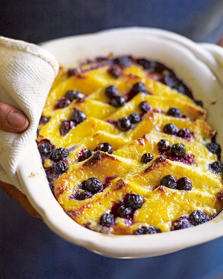 Blueberry, lemon curd and brioche bread-and-butter pudding