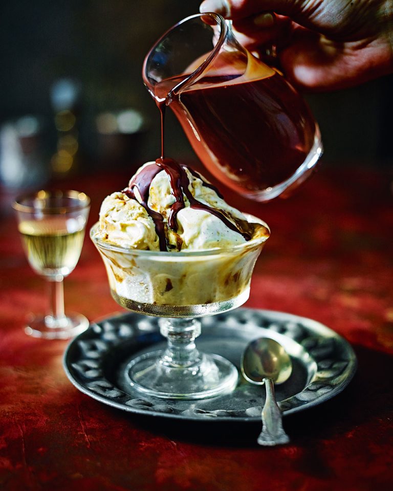 Balsamic caramel swirl ice cream and magic chocolate sauce delicious