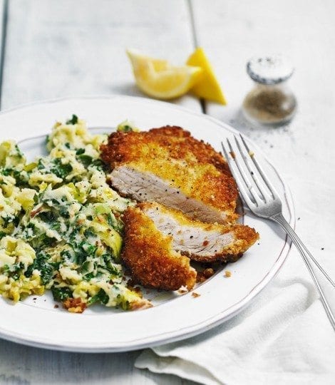 Quick colcannon with pork schnitzel