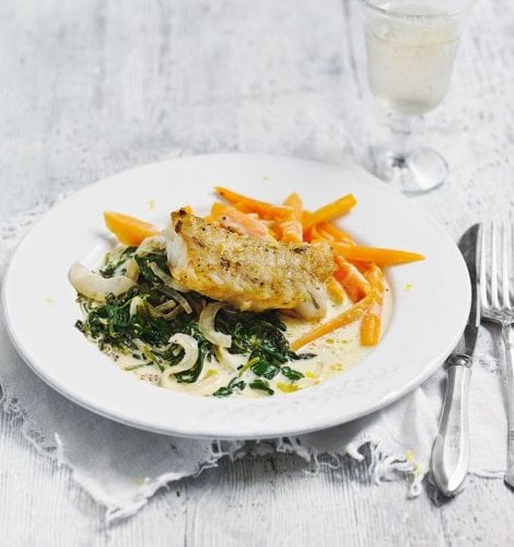 Quick baked cod with sweet potato, spinach and crème fraïche