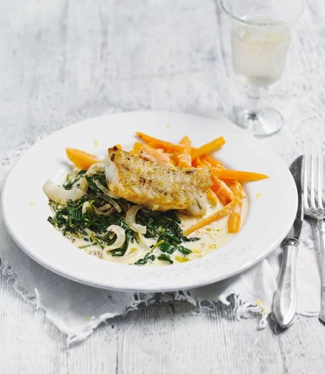 Quick baked cod with sweet potato, spinach and crème fraïche
